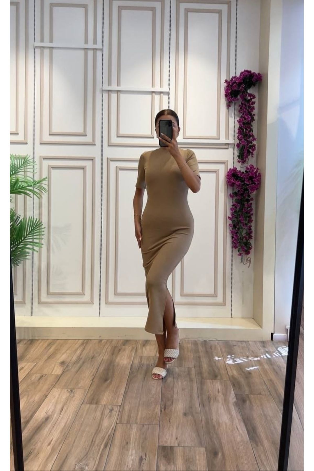 GoyceFashion Kısa Kollu Likralı Kaşkorse Yarım Yırtmaçlı Elbise