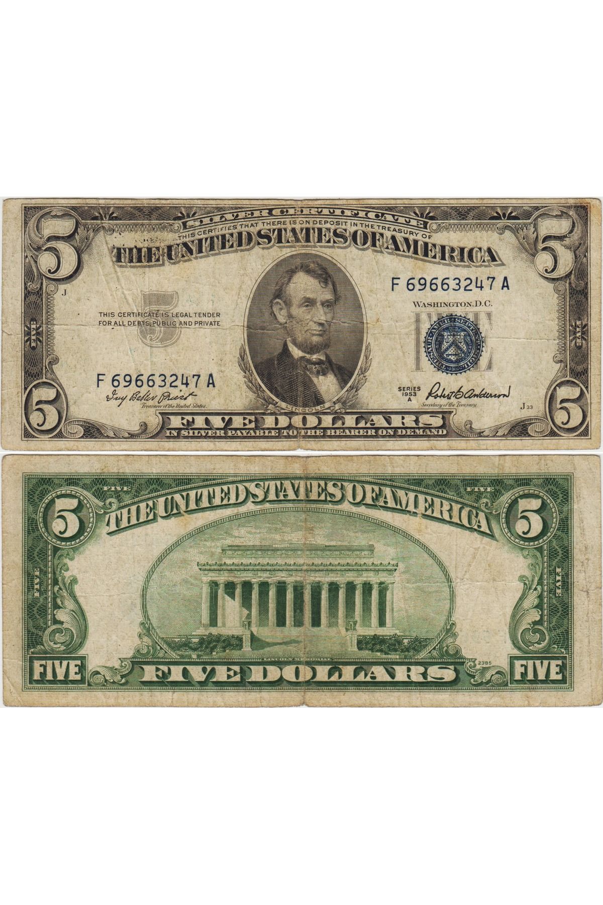 Banknoting AMERİKA BİRLEŞİK DEVLETLERİ 5 DOLAR 1953 A MAVİ MÜHÜR. TEMİZ+ KONDİSYON.