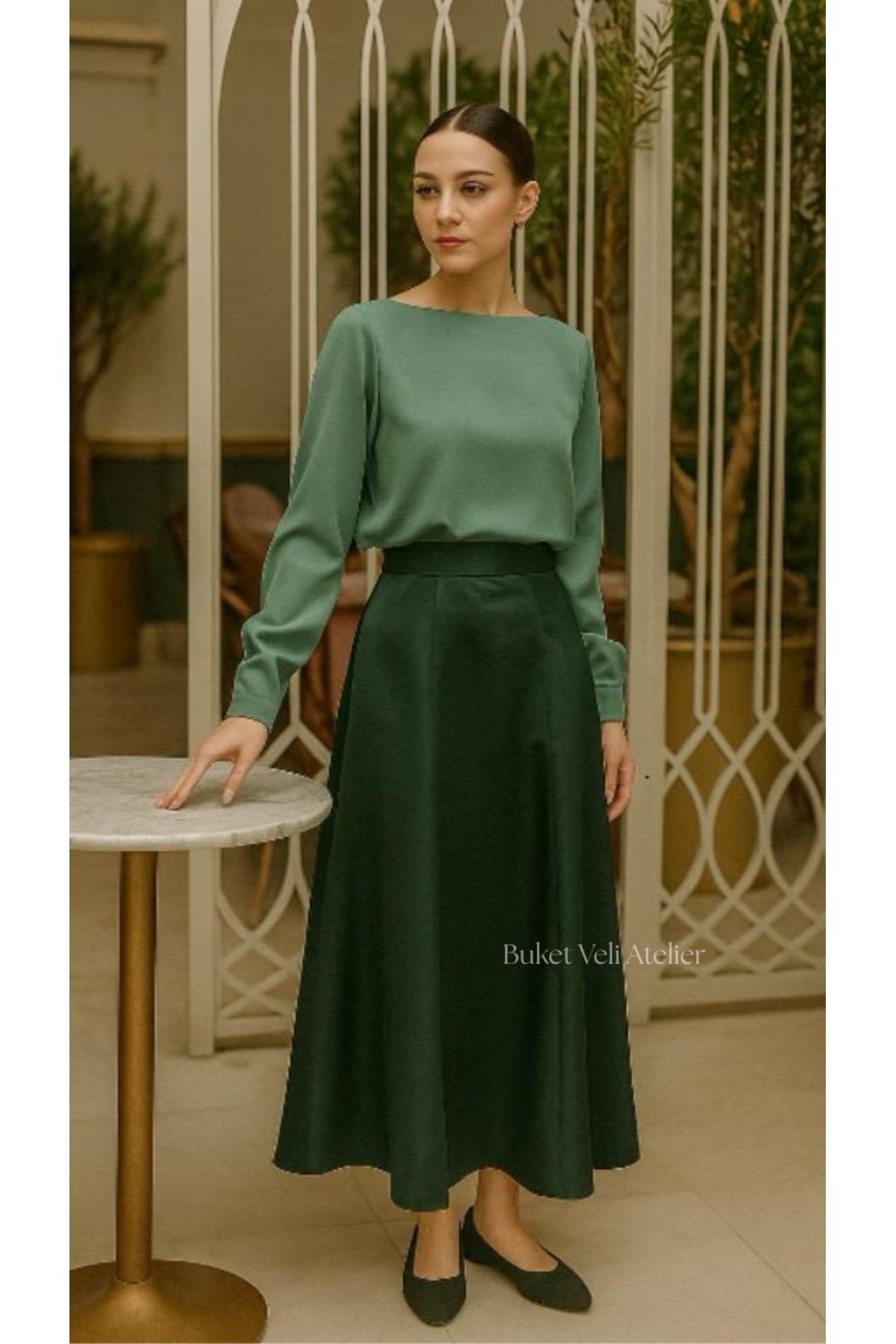 Buket Veli Atelier Yeşil Saten Uzun Kadın 6 Parçalı Şık Etek