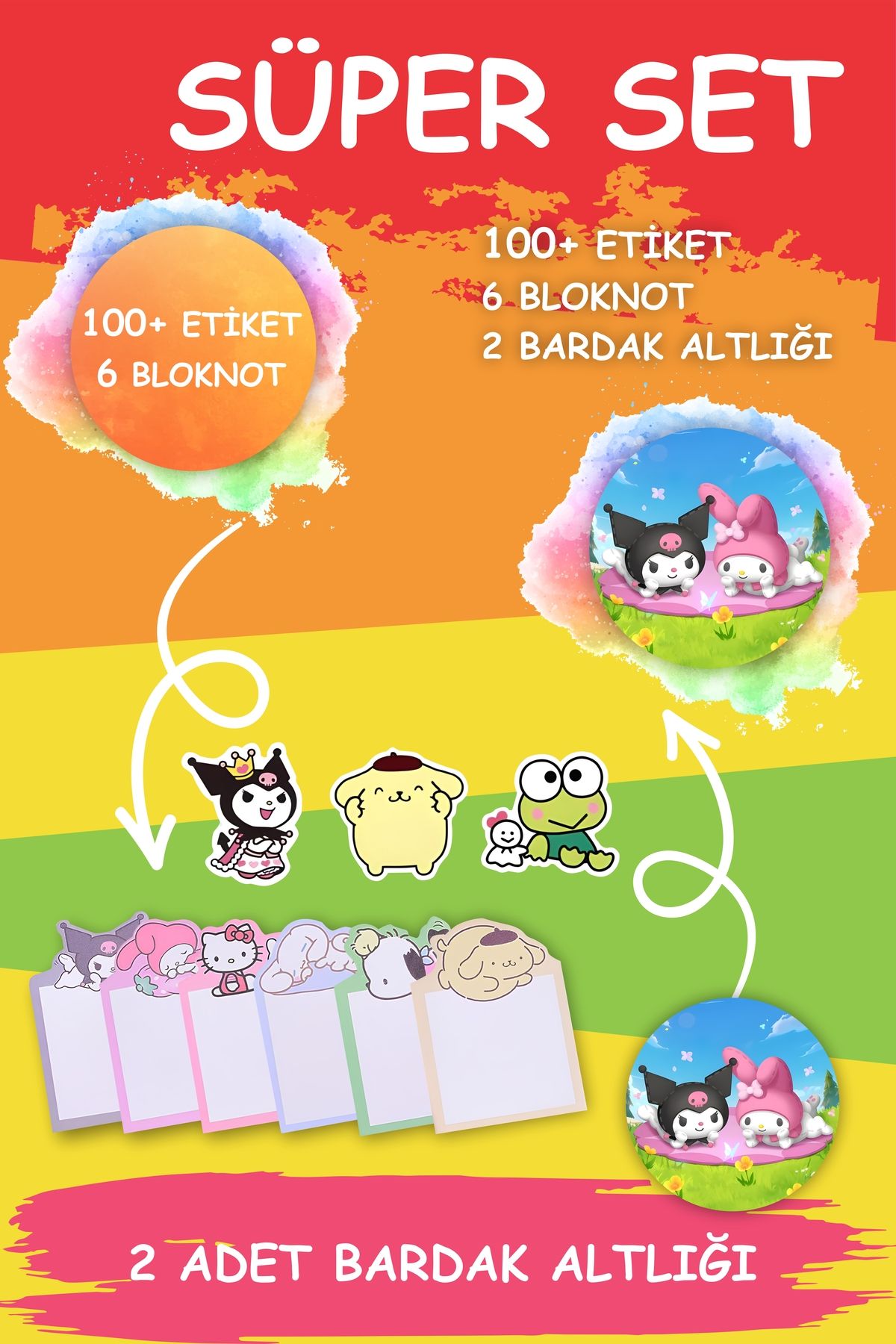 Grafikup Süper Sticker Seti - 100+ Adet Etiket 6 Adet Bloknot Etiket 2 Adet Bardak Altlığı Etiket Seti