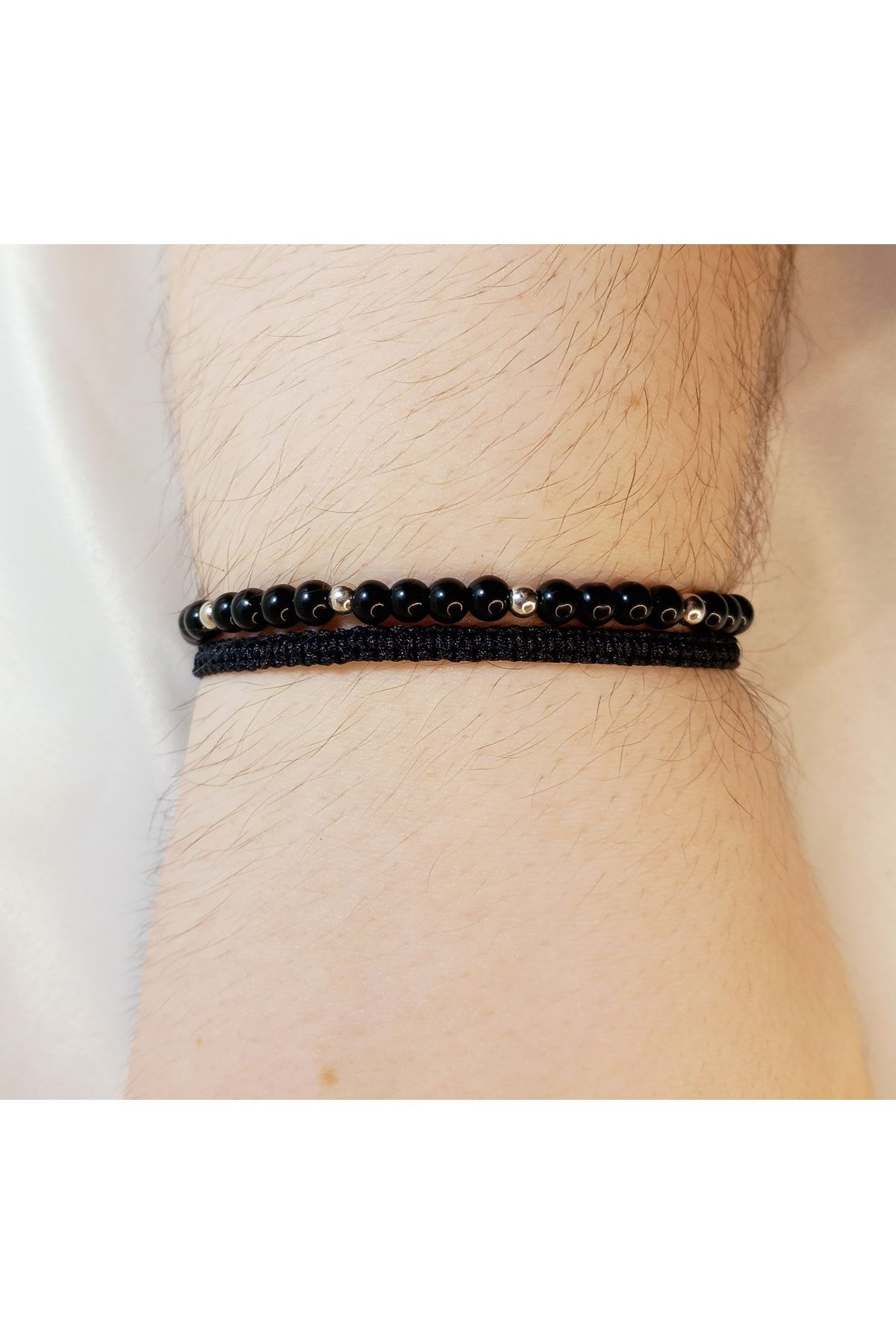 Crystal Atelier Unisex Siyah Cam İnci Makrome Örgü 2'li Paraşüt İp Ayarlanabilir Bileklik-Hediyelik Bileklik Seti