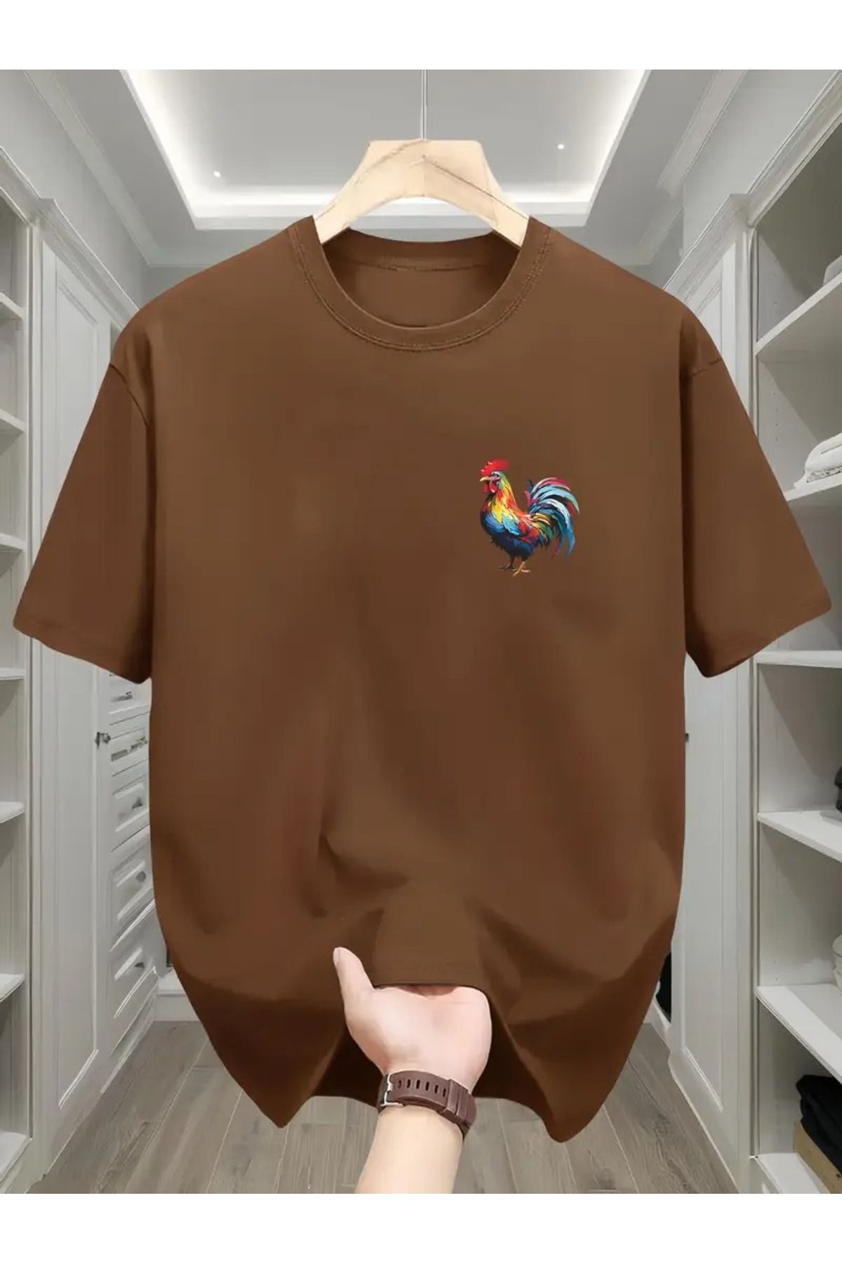 VBSVİBES Horoz Baskılı Kahverengi Pamuklu T-Shirt - Oversize Bisiklet Yaka Kısa Kol Tişört
