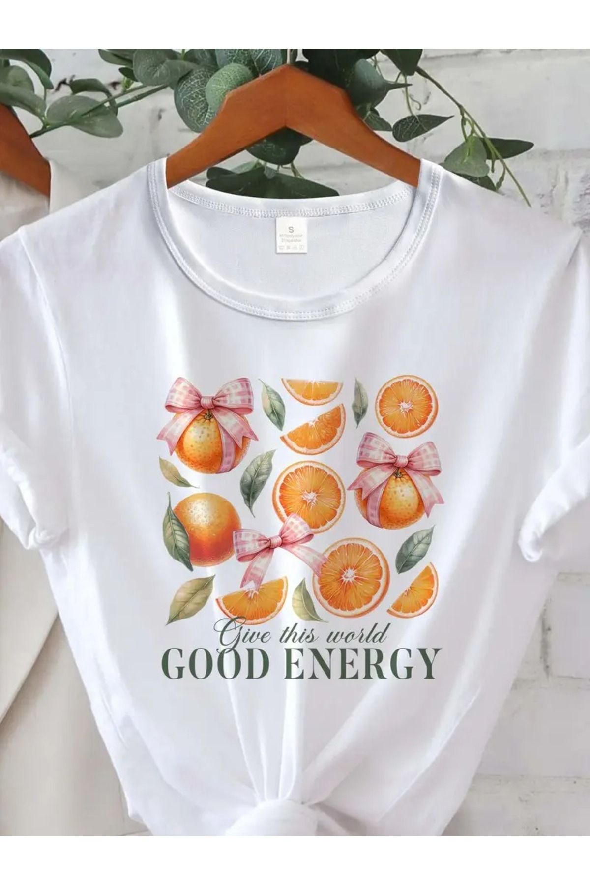 DUBU BUTİK Good Energy Baskılı Beyaz Pamuklu T-Shirt - Oversize Bisiklet Yaka Tişört