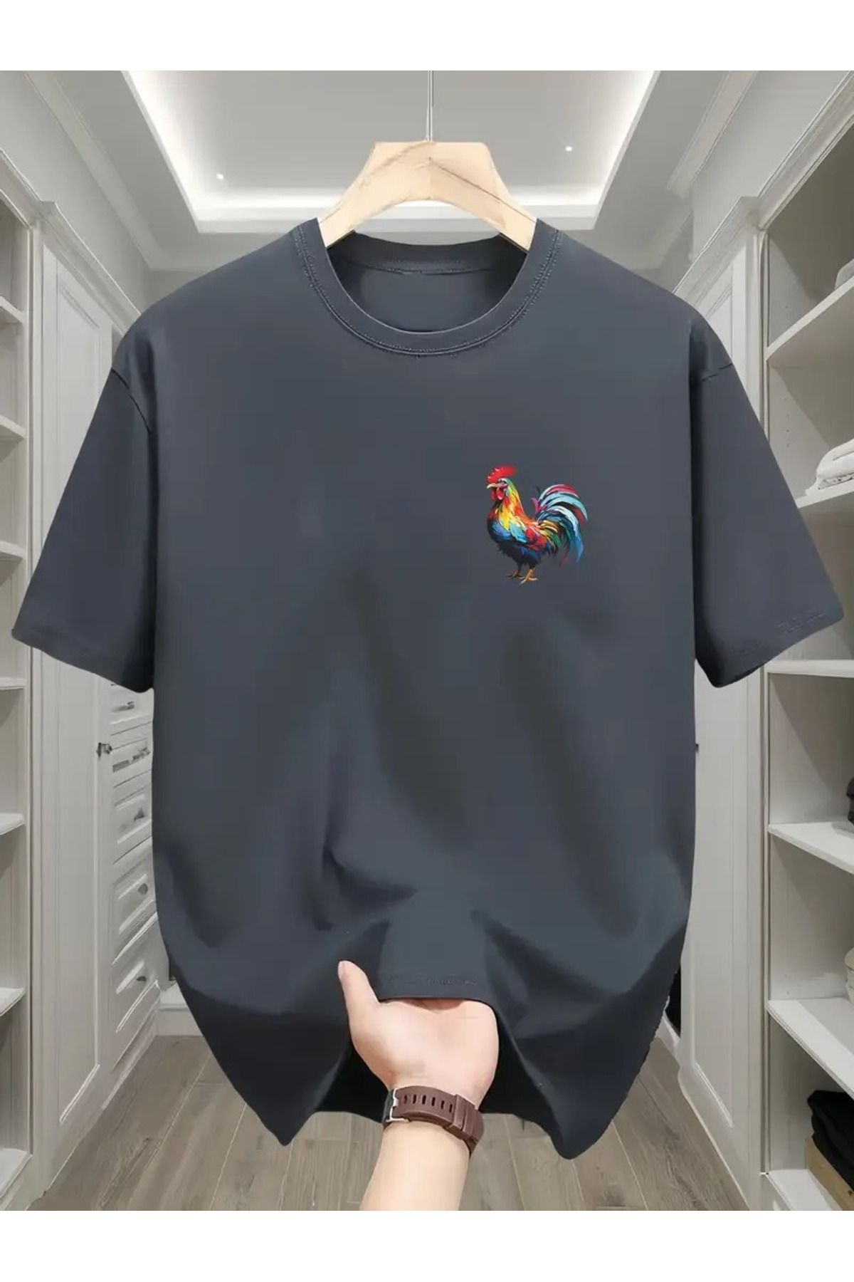 Sweetline Horoz Baskılı Füme Pamuklu T-Shirt - Oversize Bisiklet Yaka Kısa Kol Tişört