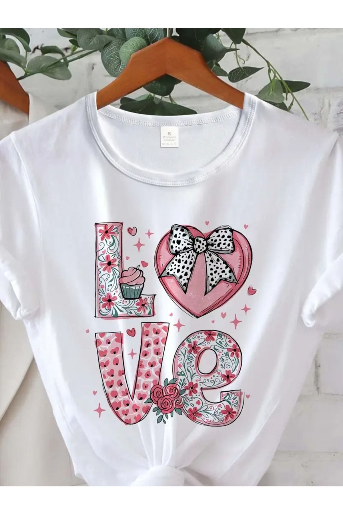 CLAYES Love Baskılı Beyaz Pamuklu T-Shirt - Oversize Bisiklet Yaka Tişört
