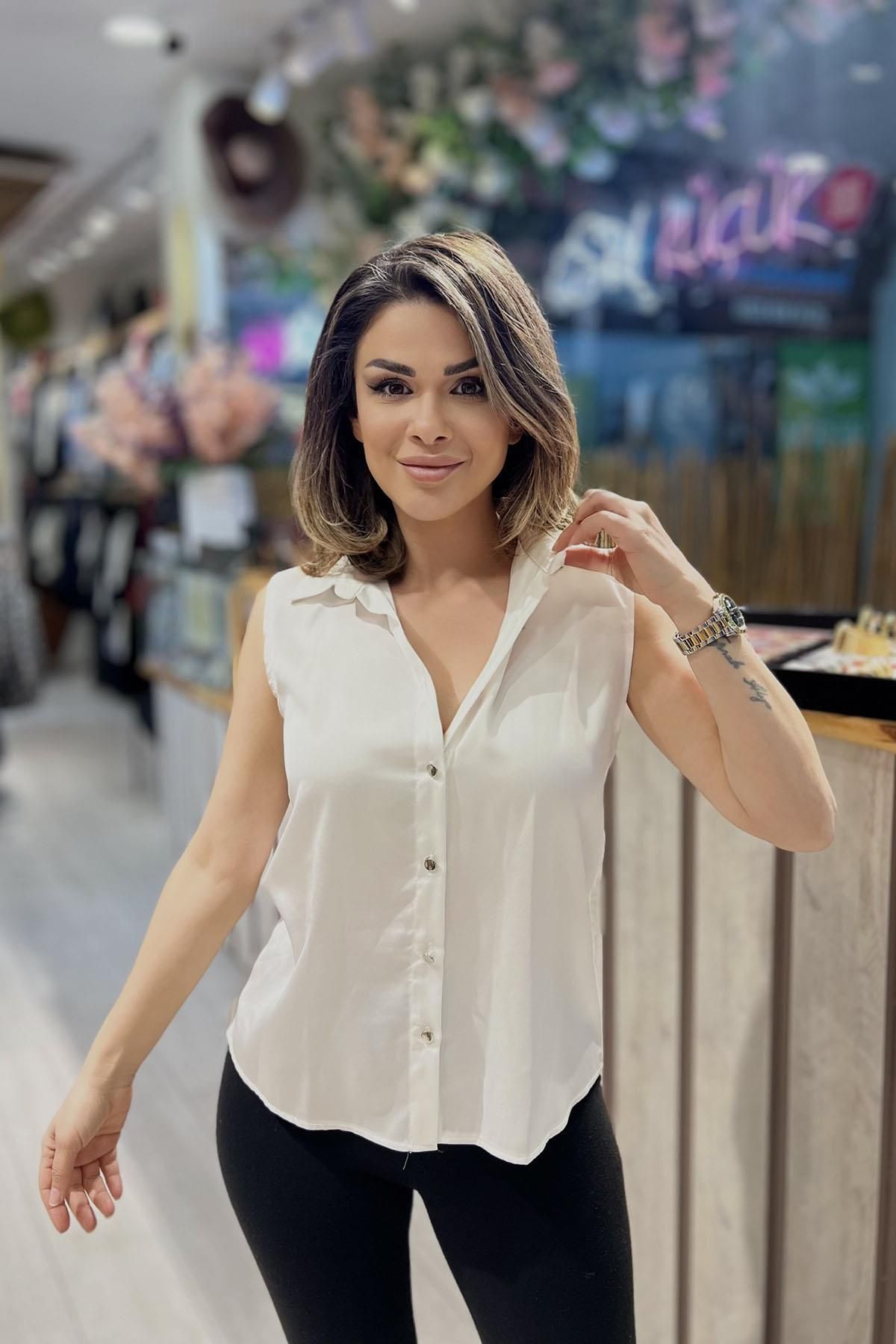 Eswomes Sırt Taşlı Şerit Detaylı Bluz Ekru