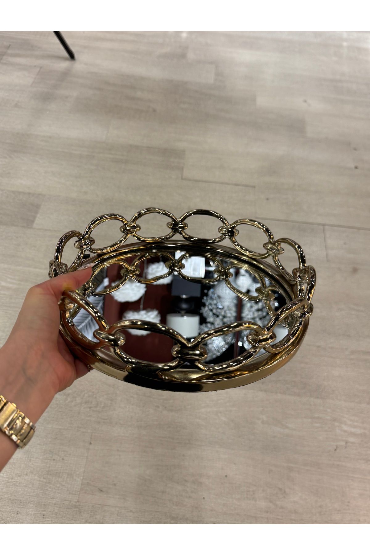 hediye ESTERHOMEDECOR Aynalı dekoratif metal döküm tepsi 30cm