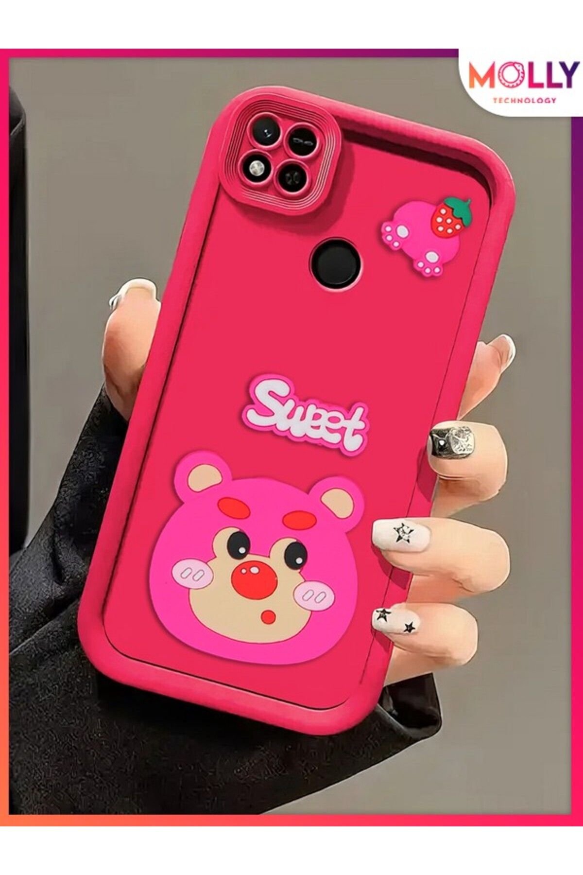 Molly Xiaomi Redmi 9C İçin Magenta Kenarları Kalın 3d Kabartmalı Çilek Ayı Silikon Kılıf