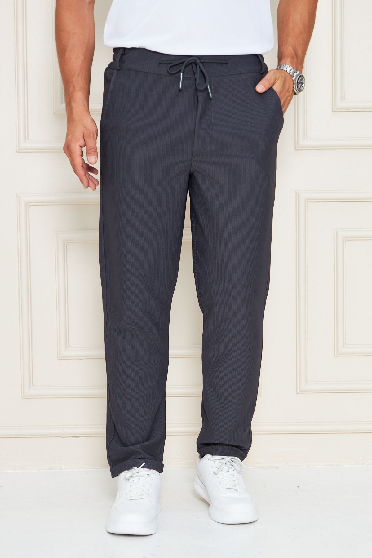 RAKİP Erkek Çizgili Jogger Pantolon Slim Fit Kesim Beli Bağlamalı Yan Cepli Yarım Kemer Pantolon Rakip