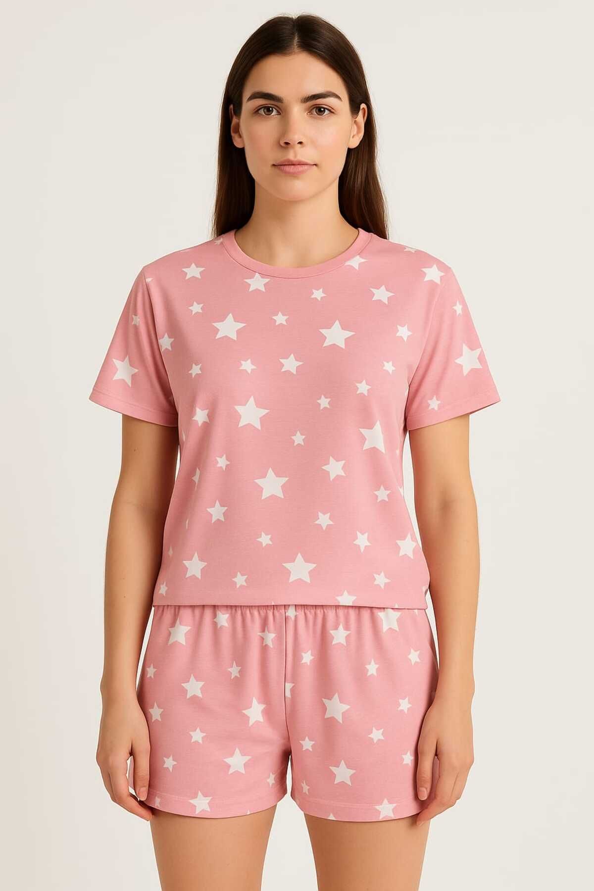 unbranded Pembe Yıldızlı Kısa Kollu Pamuklu Şortlu Pijama Takımı