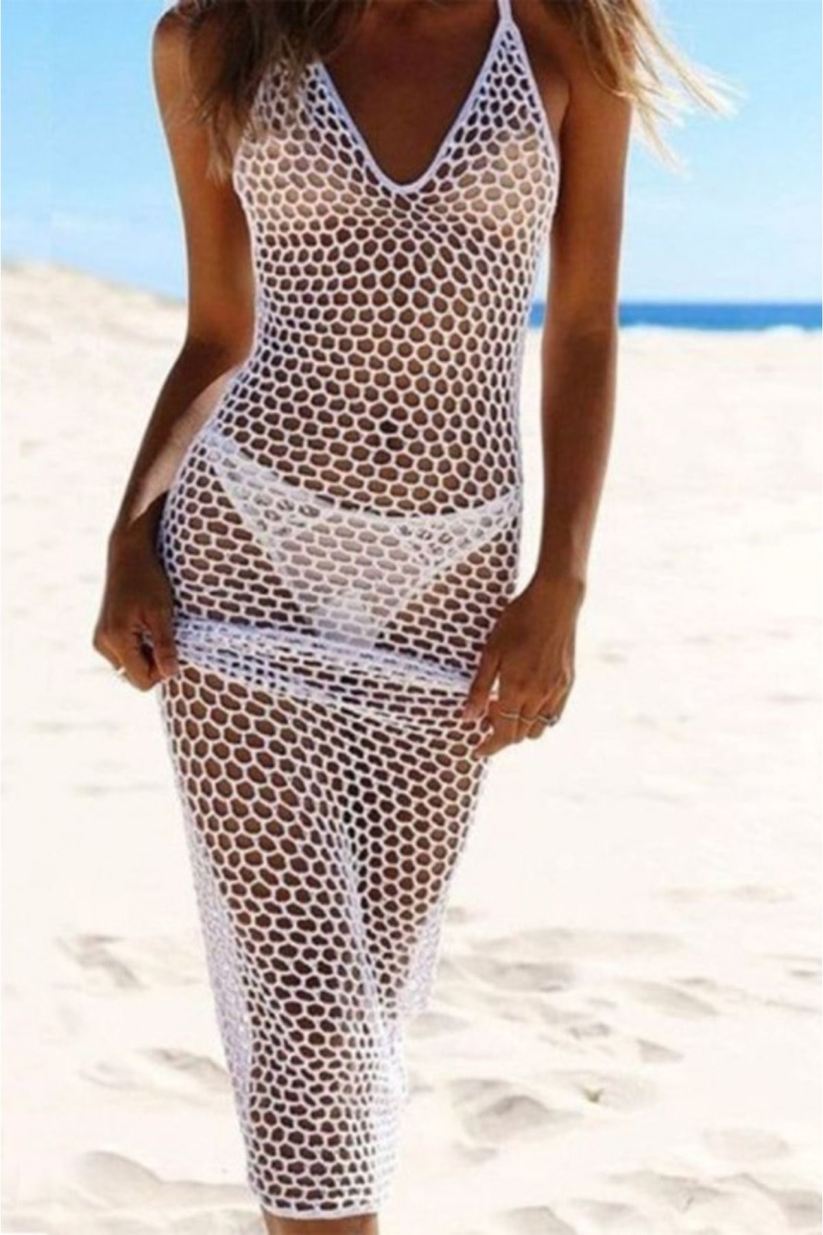 Femella Women Fashion Kadın File Desen Tam Boy Askılı Triko Pareo