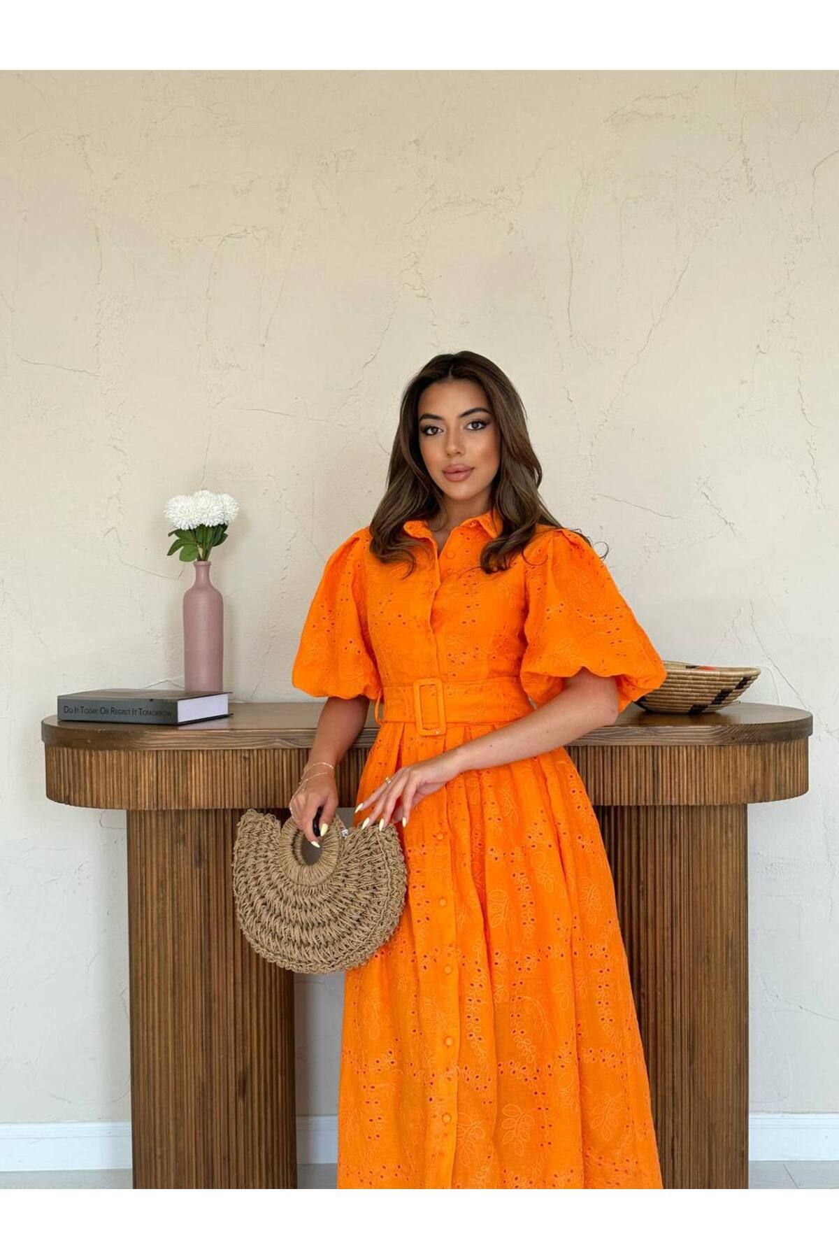 Castivo Fashion Yaz Bahçesi Broderie Kemerli Gömlek Yaka Elbise