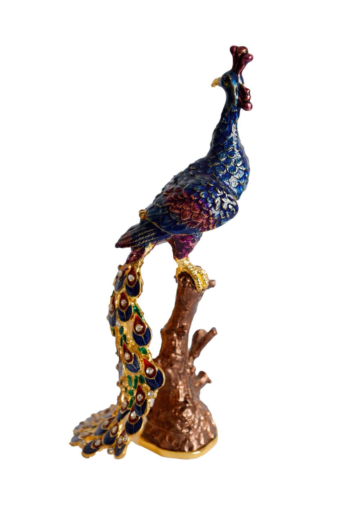 taru pasaj Kristal Taş İşlemeli Metal Tavus Kuşu Biblo – Ağaç Üzerinde Dekor – 18x9 cm