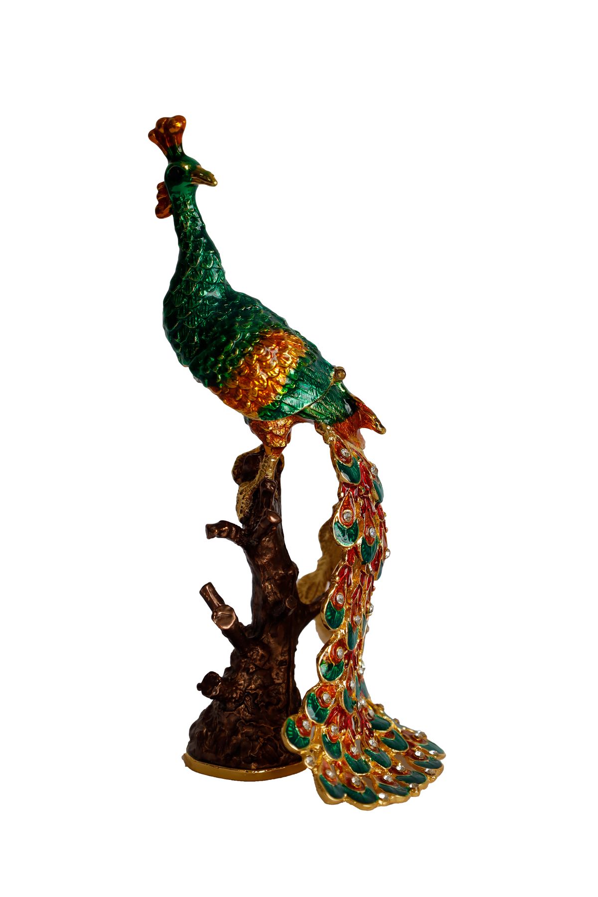 taru pasaj Kristal Taş İşlemeli Metal Tavus Kuşu Biblo – Ağaç Üzerinde Dekor – 18x9 cm