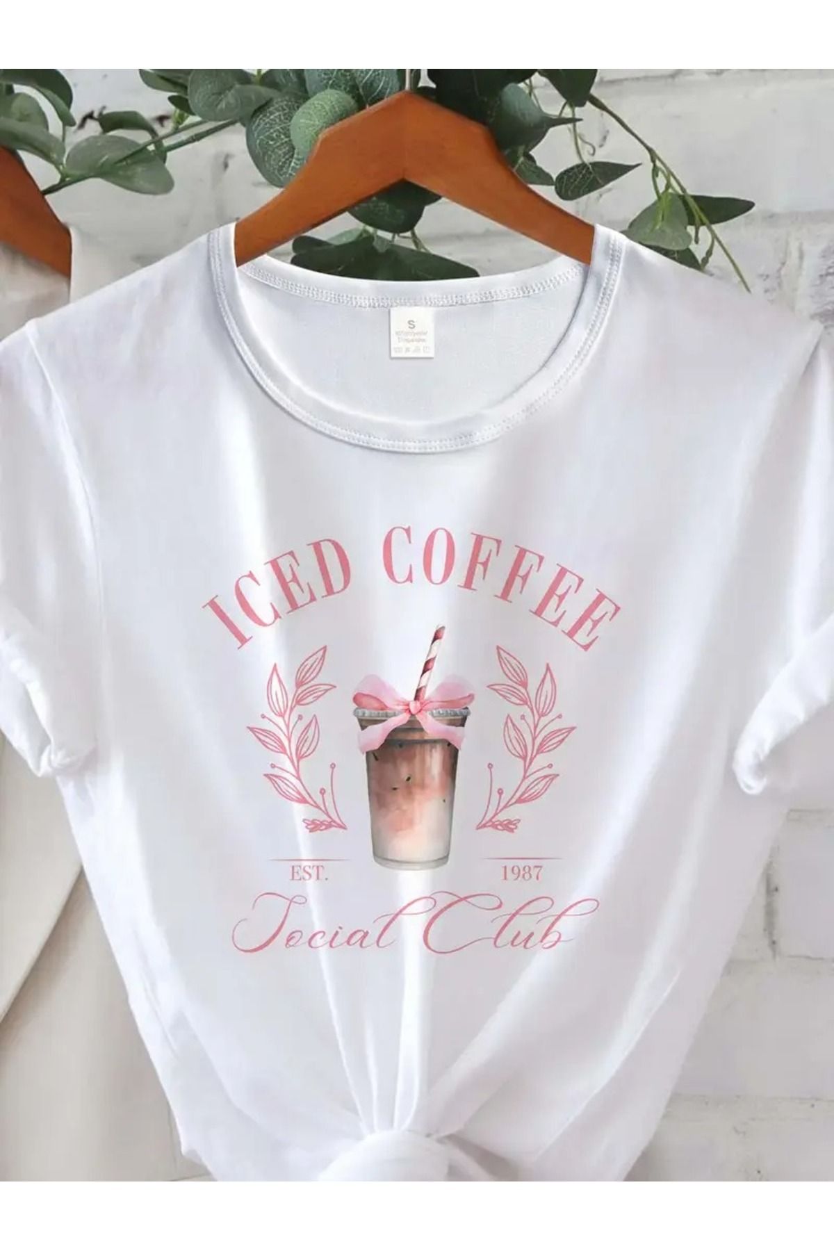 Sweetline İced Coffee Baskılı Beyaz Pamuklu T-Shirt - Oversize Bisiklet Yaka Tişört