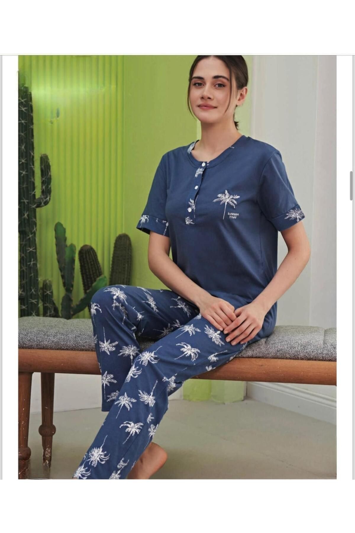 Miss Klein Kadın Büyük Beden Düğme Yaka Pamuklu Likralı Kısa Kol Pijama Takımı 1135 - 1 Adet