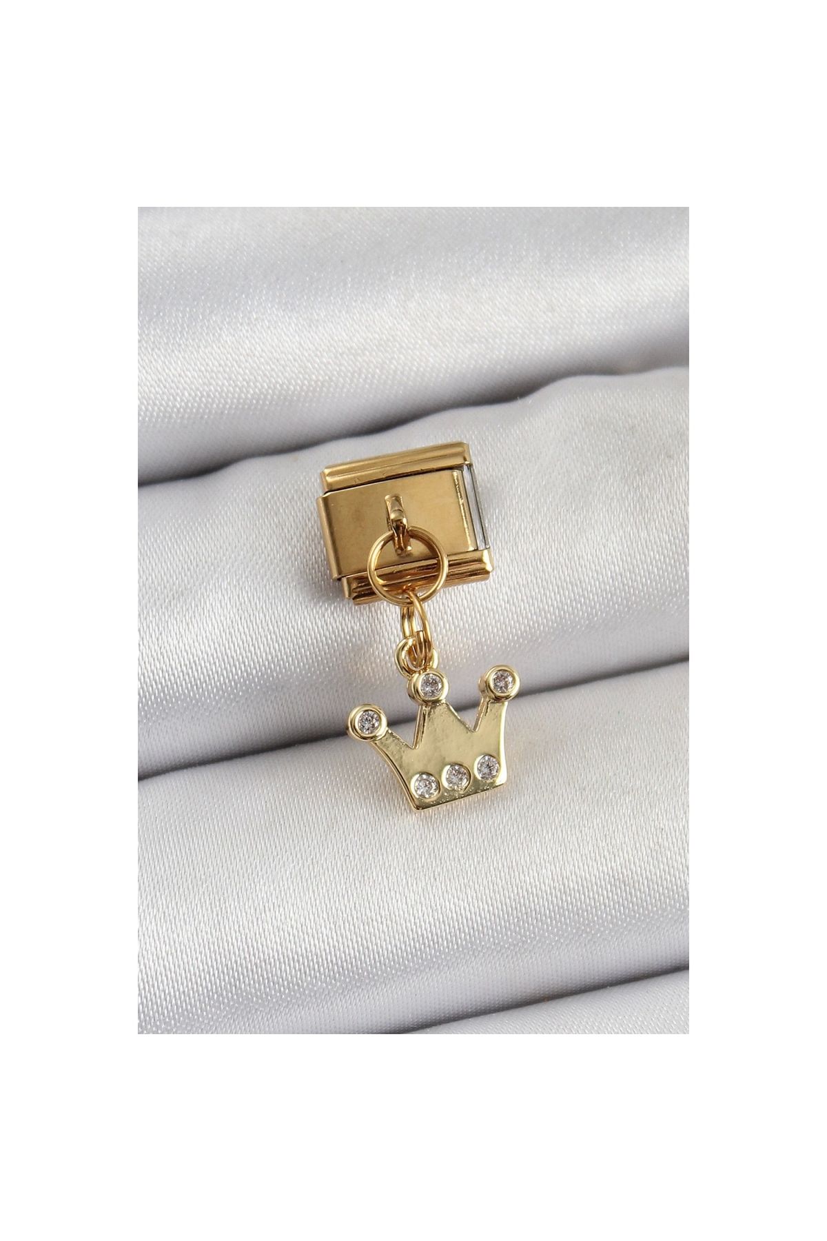 Narnuga 316L Çelik Sallantılı Zirkon Taşlı Kraliçe Tacı Model Gold Renk Nomination Charm - TJ-BC1397