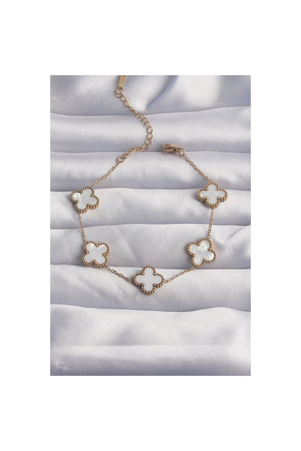 Narnuga 316L Çelik Gold Renk Beyaz Sedefli Yonca Bileklik - TJ-BB6262