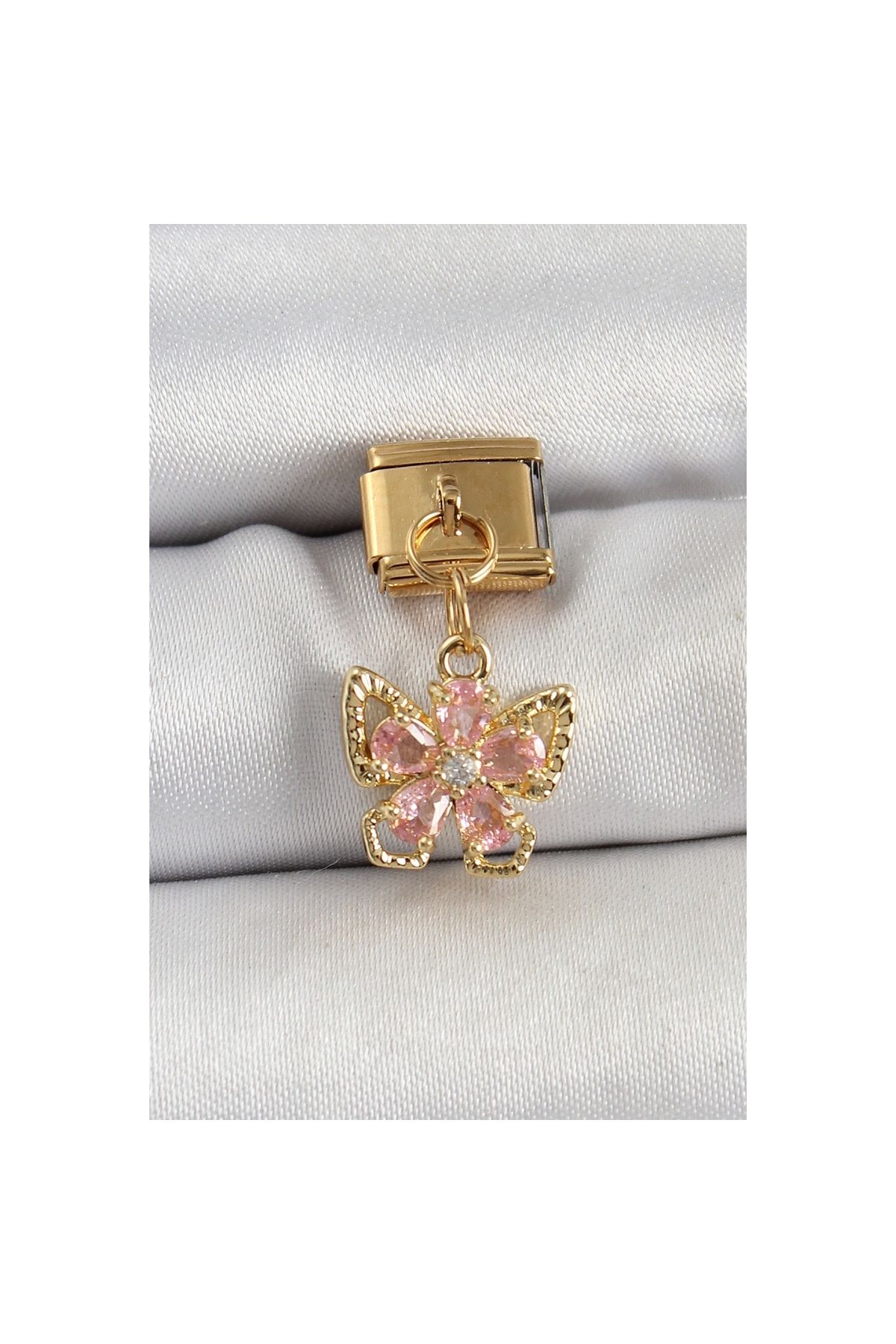 Narnuga 316L Çelik Sallantılı Zirkon Taşlı Çiçek Figürlü Kelebek Model Gold Renk Nomination Charm