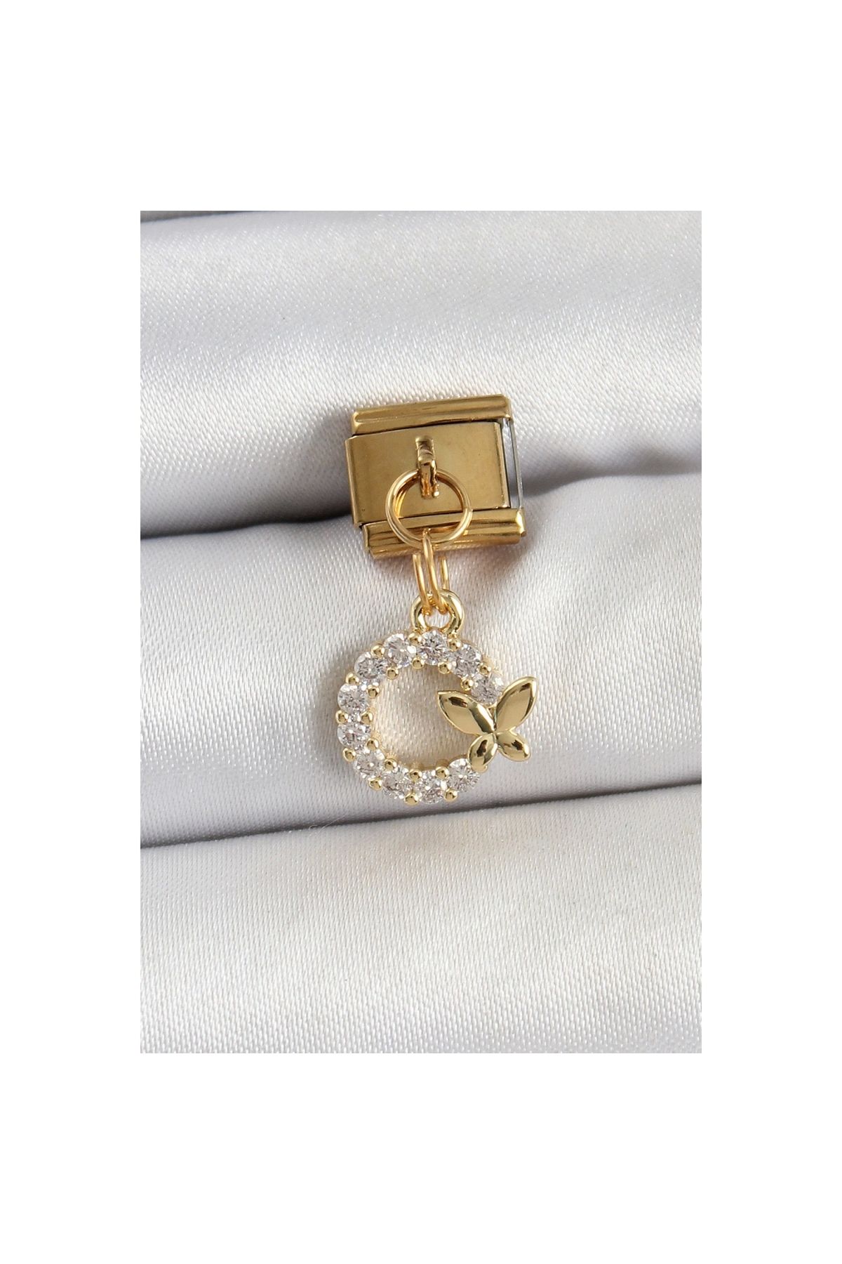 Narnuga 316L Çelik Sallantılı Zirkon Taşlı Kelebek Detaylı Halka Model Gold Renk Nomination Charm - TJ-BC144