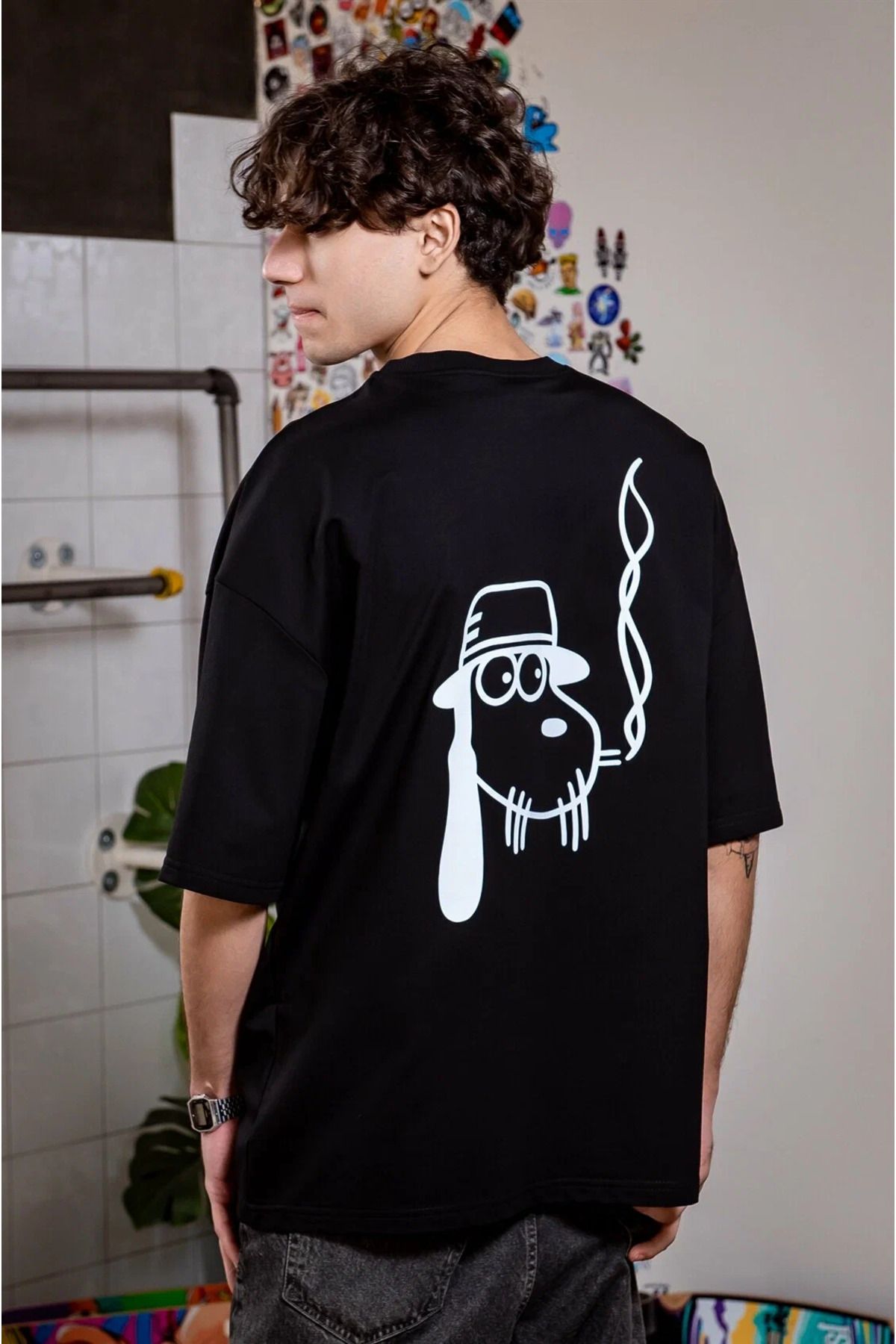 ELNOYA Unisex Pamuklu Siyah Oversize "Köpek" Baskılı Bisiklet Yaka Rahat T-shirt