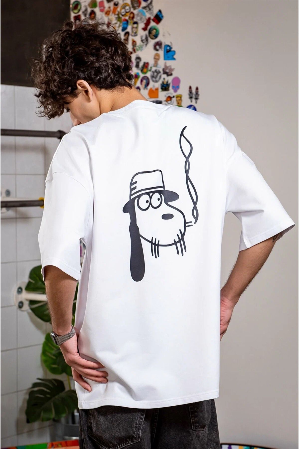 ELNOYA Unisex Pamuklu Beyaz Oversize "Köpek" Baskılı Bisiklet Yaka Rahat T-shirt
