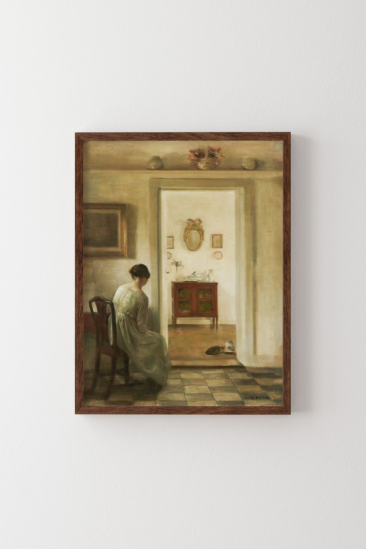 epiqart Kadın ve Süt İçen Kediler - Ahşap Desenli Çerçeve