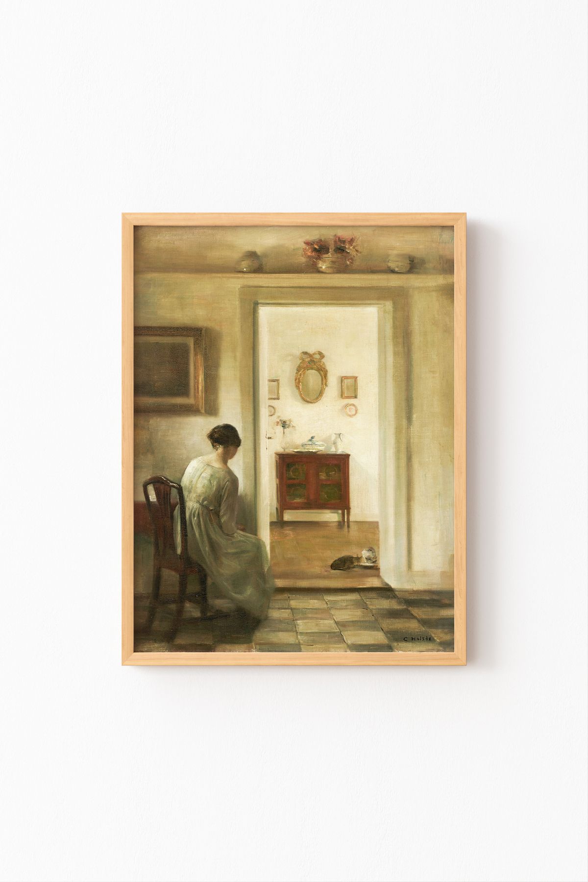 epiqart Kadın ve Süt İçen Kediler - Ahşap Desenli Çerçeve