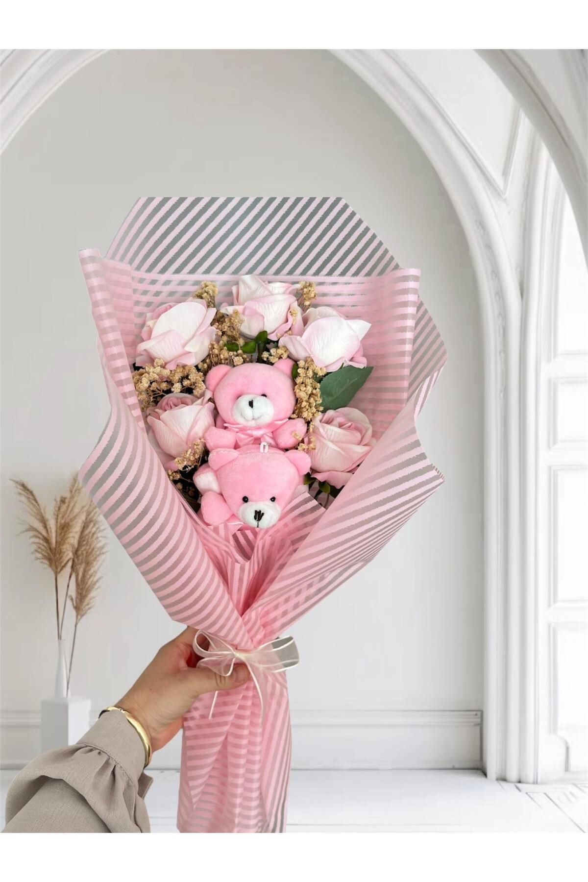 Happy Box HEDİYELİK PEMBE GÜL PEMBE AYICIK ÇİÇEK BUKETİ SEVGİLİYE ÖZEL GÜN DOĞUM GÜNÜ HEDİYESİ