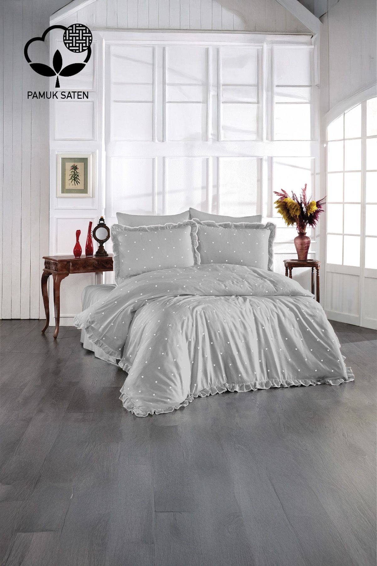 Nazik Home Amore Kalp Nakışlı Pamuk Saten Tek Kişilik 4 Parça Nevresim Takımı