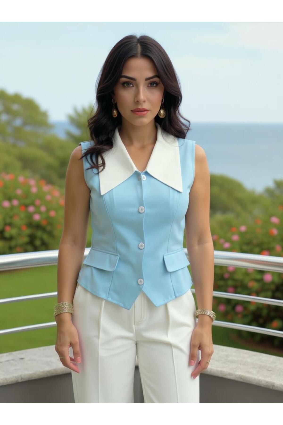 VELMORA STORE Kadın Mavi Yaka Detaylı Kolsuz Ceket & Beyaz Palazzo Pantolon Takım