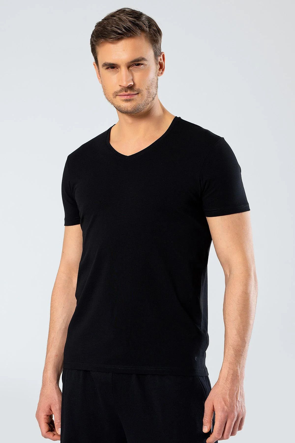 Cacharel Kısa Kollu, Erkek T-shirt, V Yaka Pamuklu & Likralı