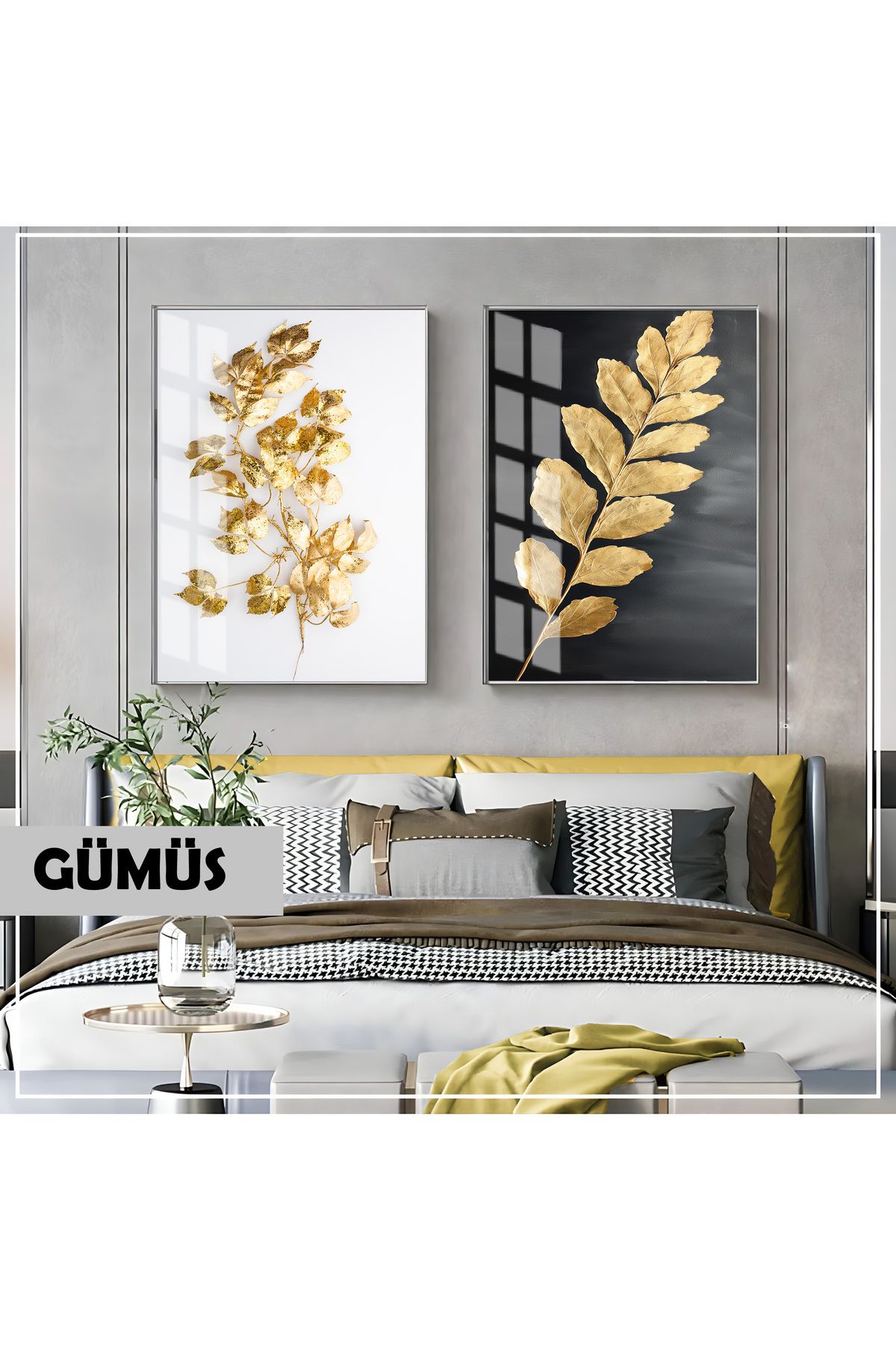 Harikabirev HARİKABİREV| GOLD YAPRAK KOMBİNİ (LEAF)|ÇERÇEVELİ CAM TABLO 2Lİ DİKEY