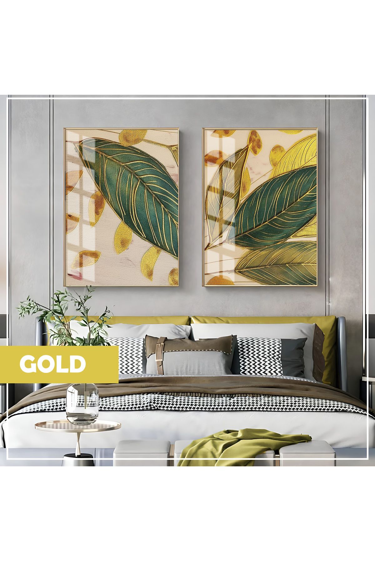 Harikabirev HARİKABİREV| GOLD-YEŞİL YAPRAK KOMBİNİ (ARTISTIC DESING) |ÇERÇEVELİ CAM TABLO 2Lİ DİKEY
