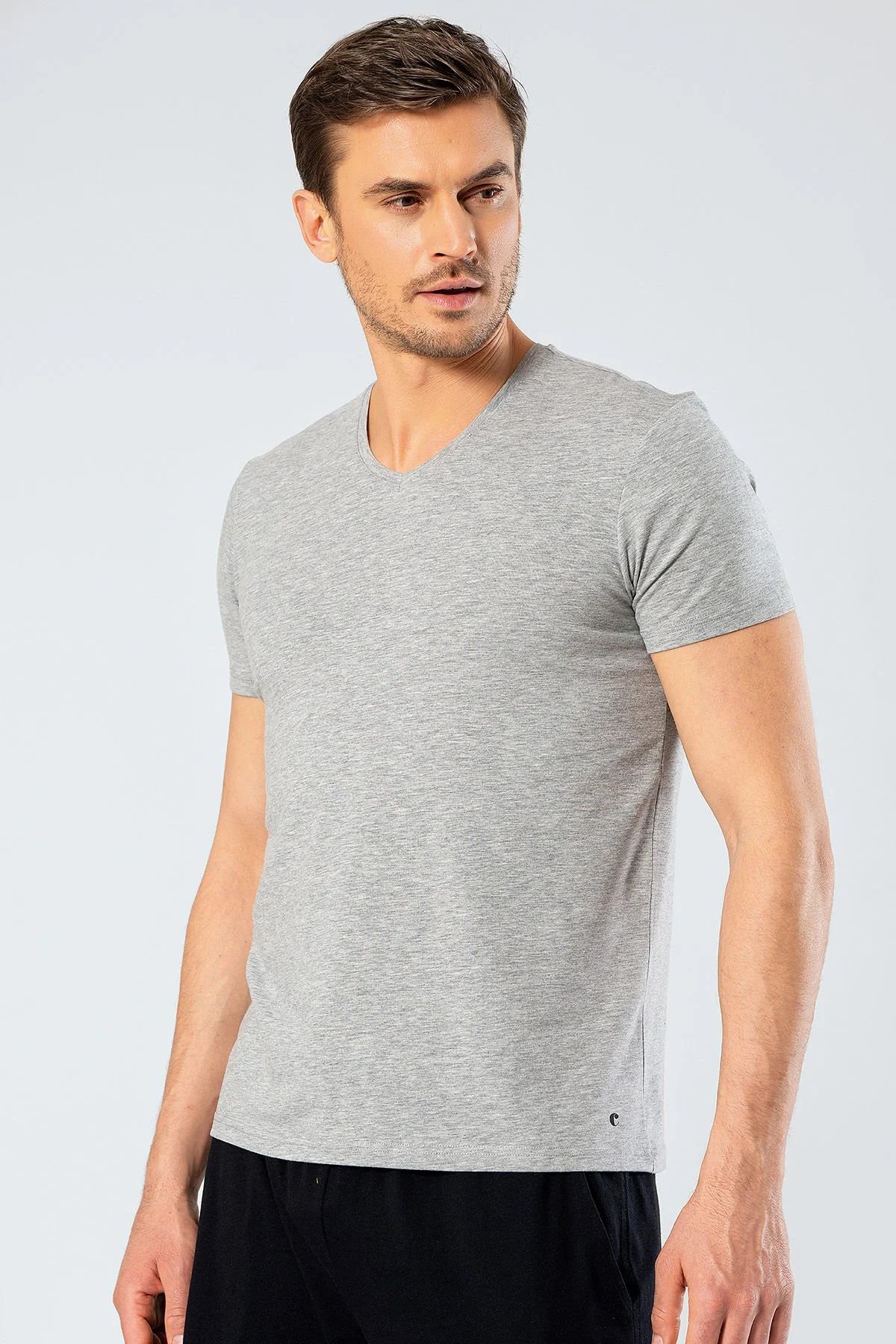 Cacharel Kısa Kollu, Erkek T-shirt, V Yaka Pamuklu & Likralı