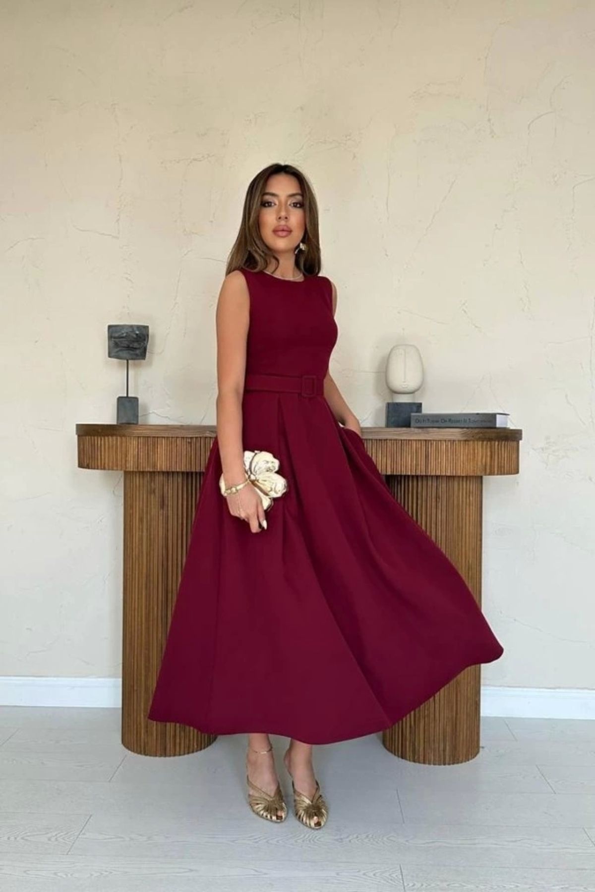 Butik Bordo Halter Yaka Kloş Elbise