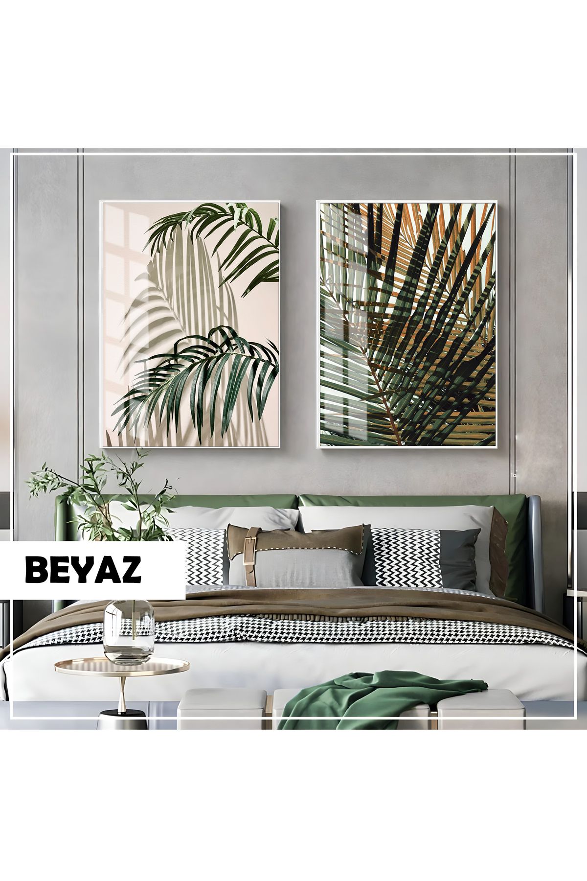 Harikabirev HARİKABİREV|YEŞİL YAPRAK KOMBİN (PALM LEAVES)|ÇERÇEVELİ CAM TABLO 2Lİ DİKEY