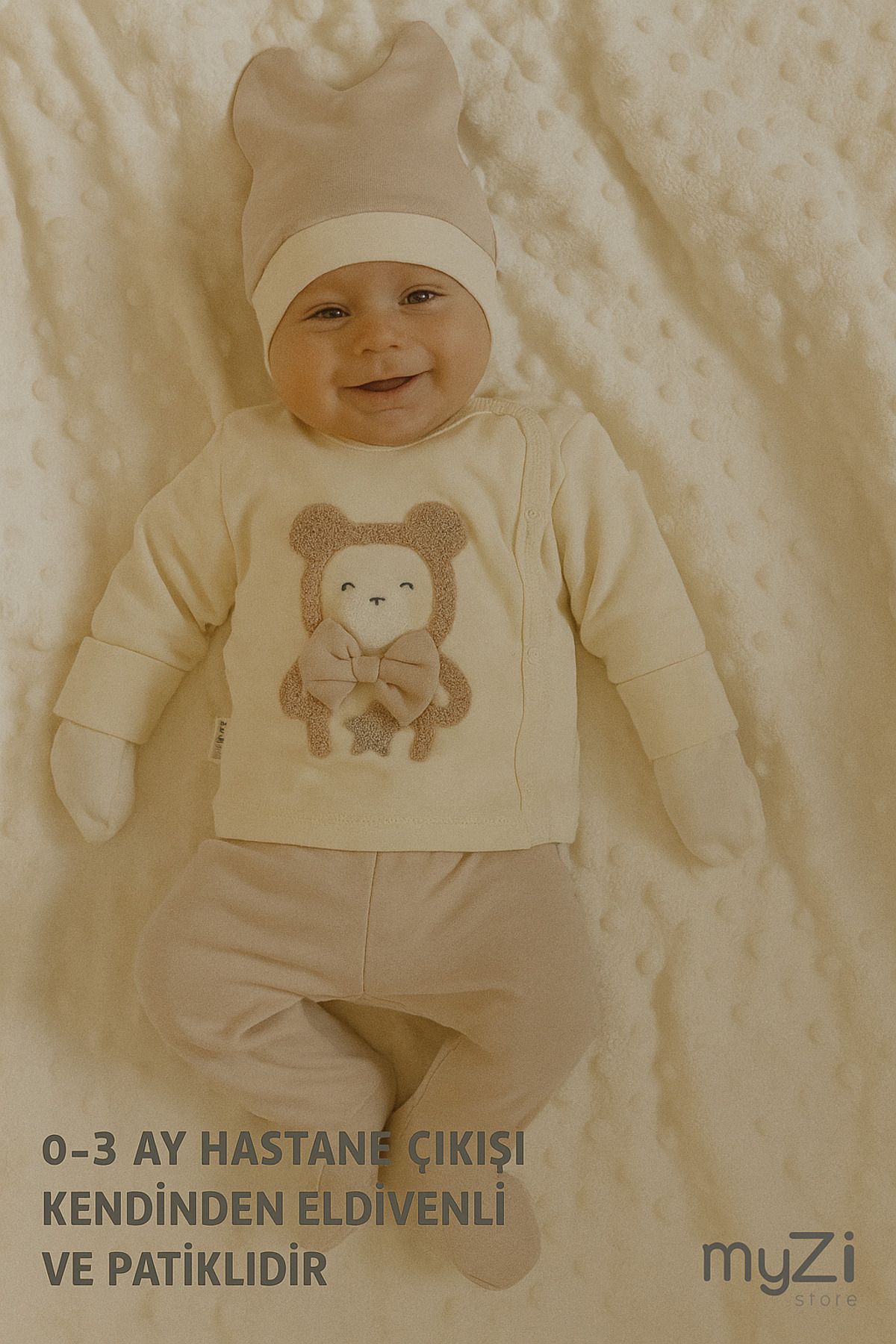 MYZİ STORE %100 Pamuk 3'lü Hastane Çıkışı 0-3 Ay Patikli Alt Uzun Kollu Kendinden Eldivenli Üst Kulaklı Şapka