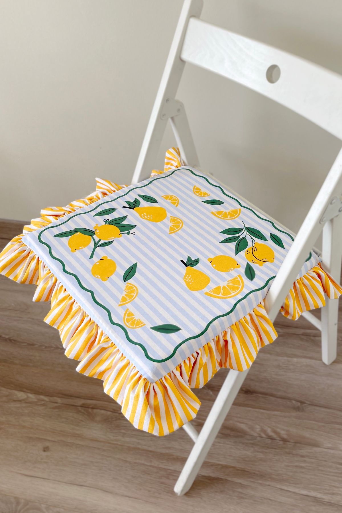 RİTMOHOME Limon Desenli Çizgili Fırfırlı Marin, Vintage, Country, Iskandinav, Bohem 40x40 Sandalye Minderi