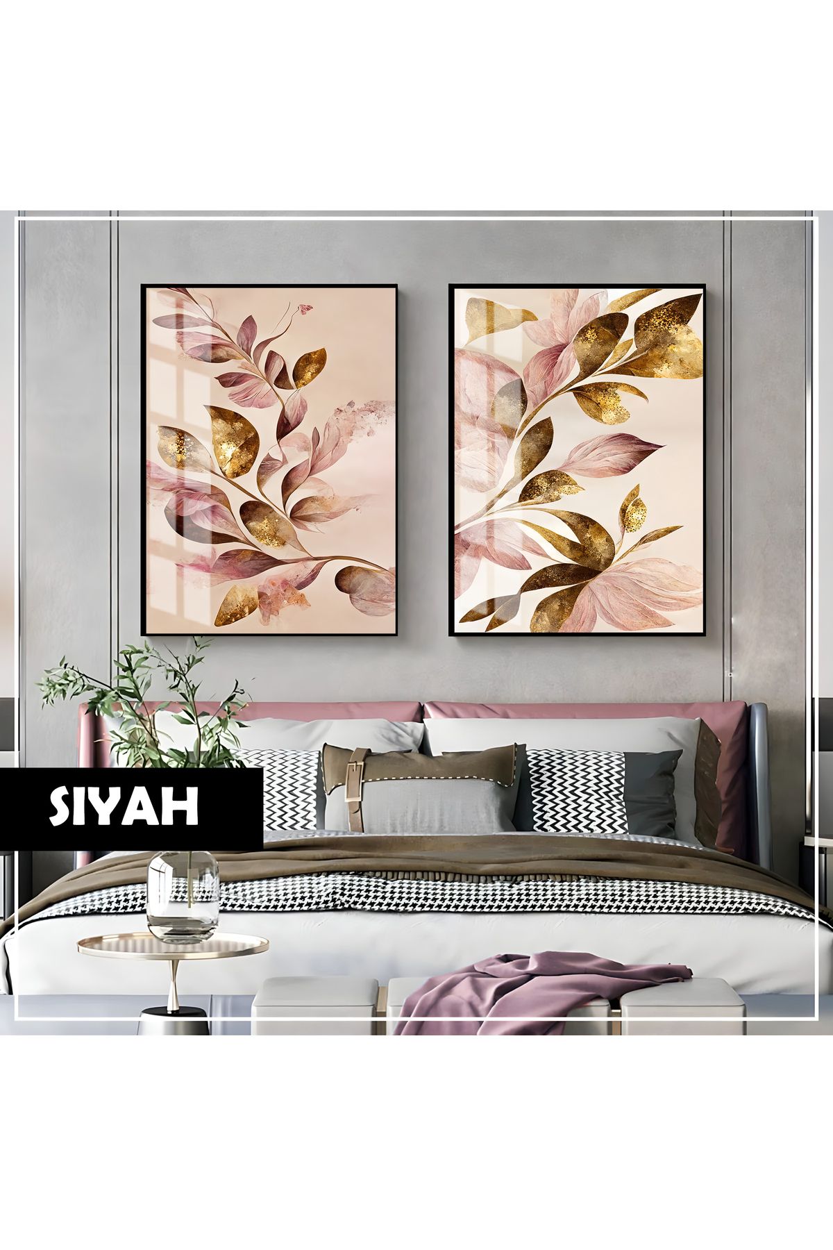 Harikabirev HARİKABİREV|PEMBE GOLD YAPRAKLAR KOMBİNİ(ELEGANT)|ÇERÇEVELİ CAM TABLO 2Lİ DİKEY