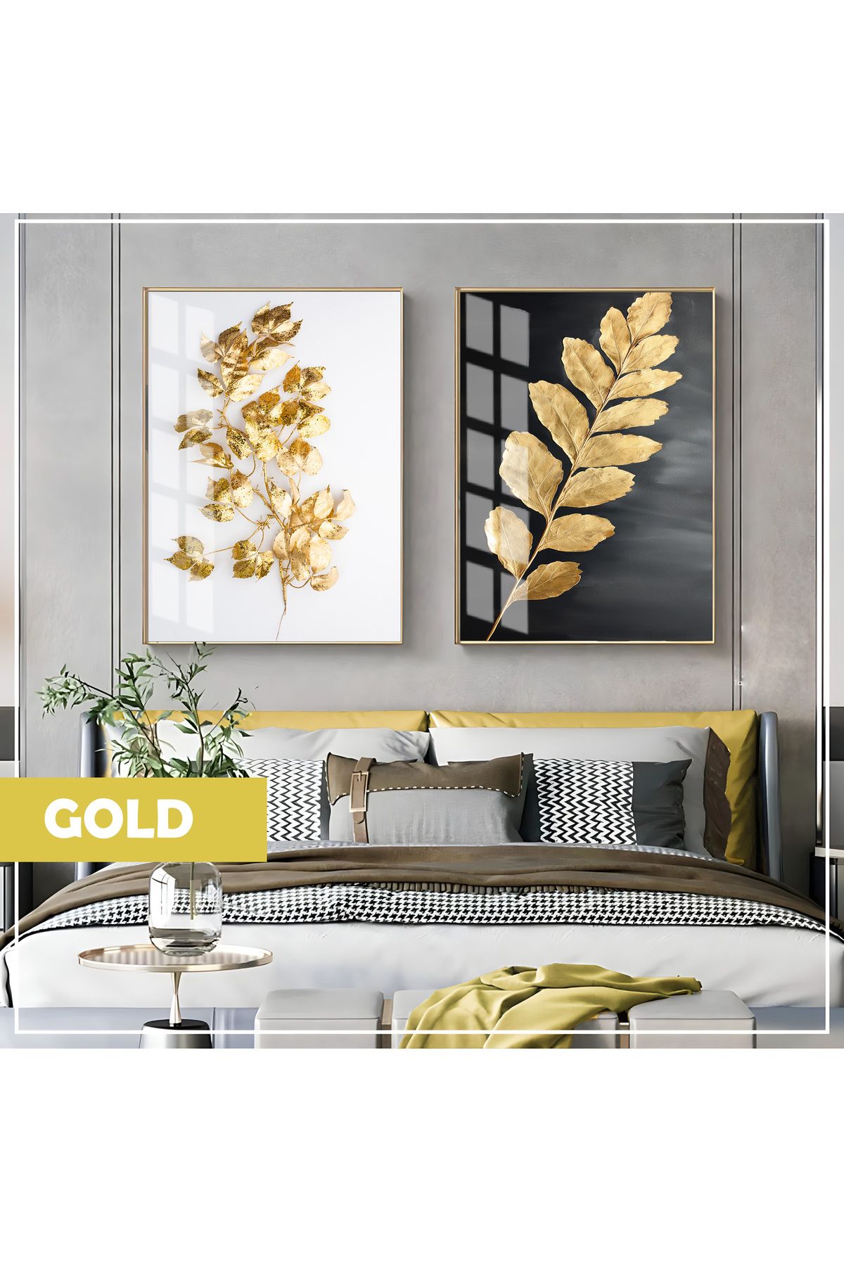 Harikabirev HARİKABİREV| GOLD YAPRAK KOMBİNİ (LEAF)|ÇERÇEVELİ CAM TABLO 2Lİ DİKEY