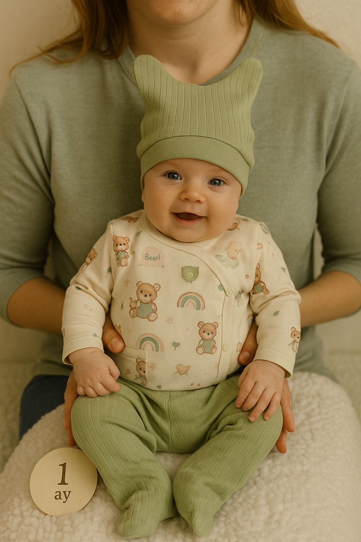 MYZİ STORE 3'lü Hastane Çıkışı 0-3 Ay Patikli Unisex Alt Uzun Kollu Kendinden Eldivenli Üst Kulaklı Şapka