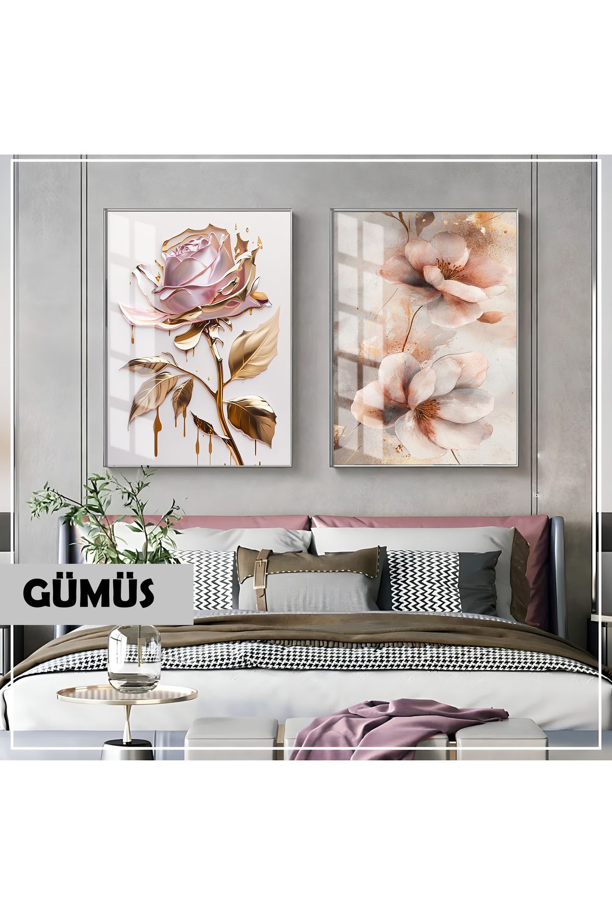 Harikabirev HARİKABİREV|TOZ PEMBE-GOLD GÜL KOMBİN (FLORAL ART) |ÇERÇEVELİ CAM TABLO 2Lİ DİKEY