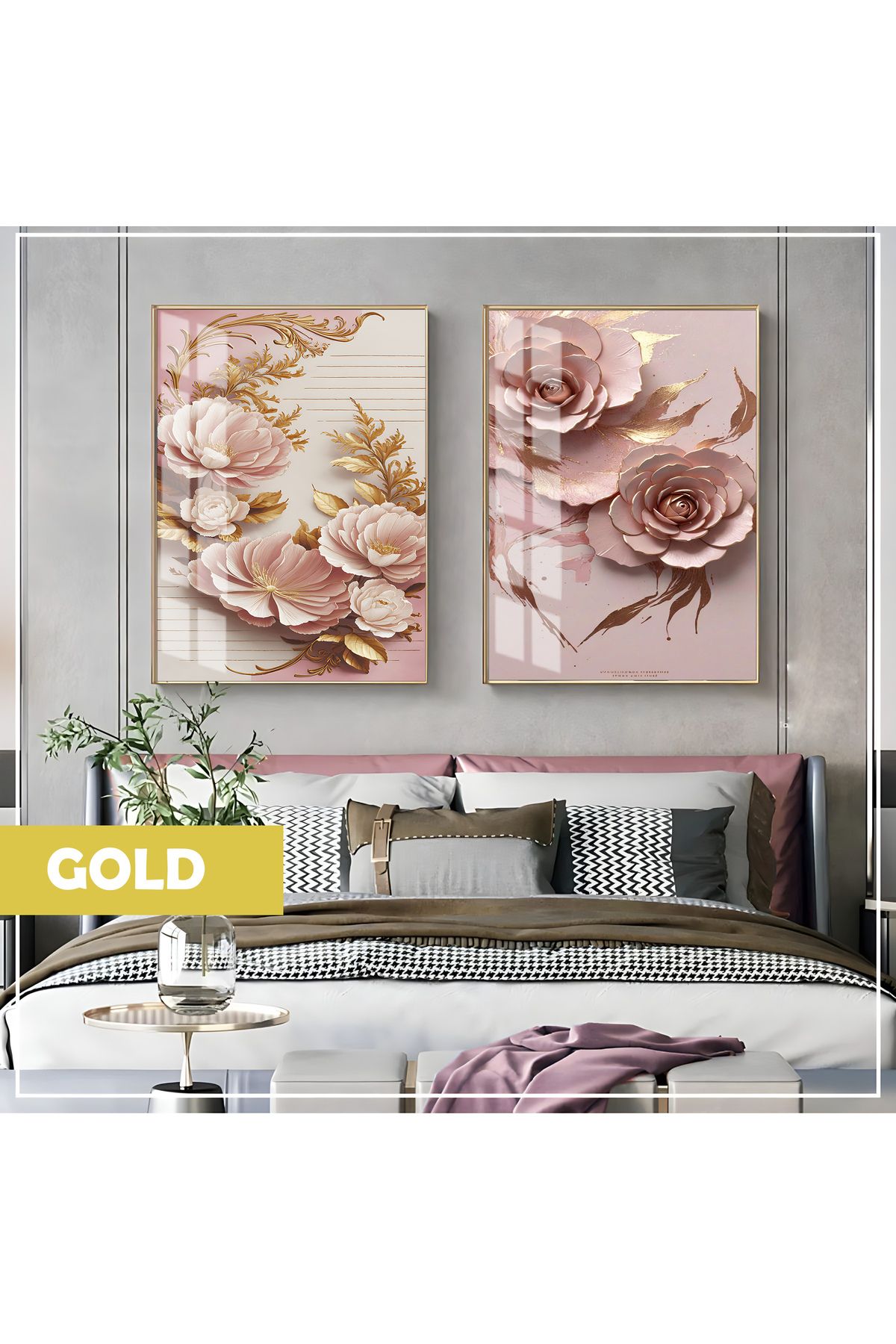 Harikabirev HARİKABİREV|PEMBE GOLD ÇİÇEK KOMBİNİ (ORNATE)|ÇERÇEVELİ CAM TABLO 2Lİ DİKEY