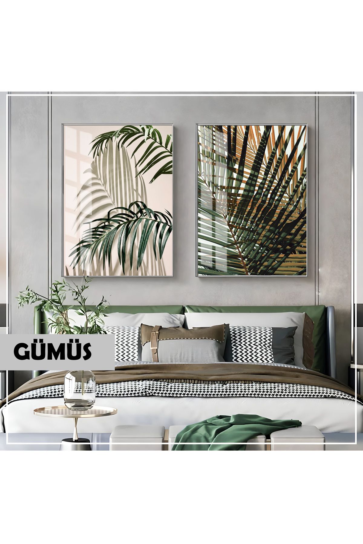 Harikabirev HARİKABİREV|YEŞİL YAPRAK KOMBİN (PALM LEAVES)|ÇERÇEVELİ CAM TABLO 2Lİ DİKEY