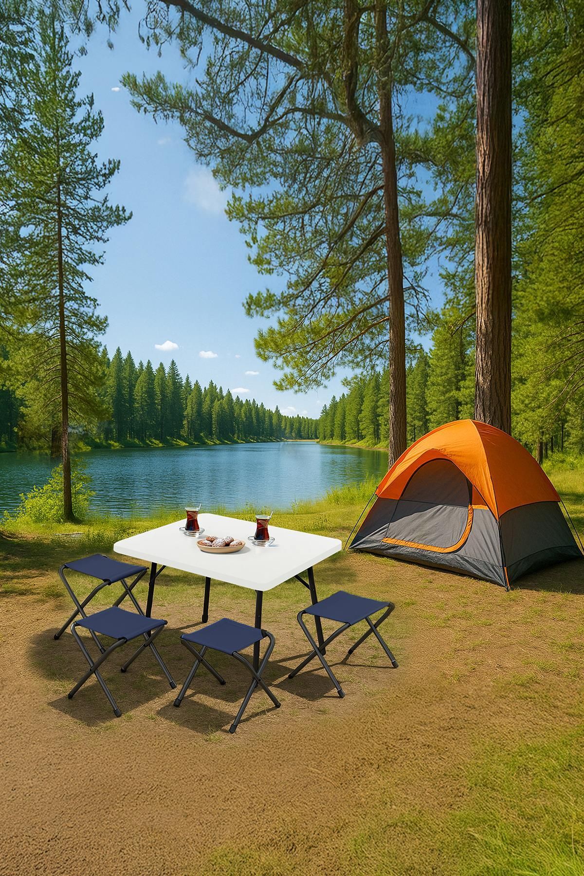 Exent 45X60 cm Kamp Sehpası + 4 Adet LACİVERT Tabure Piknik, bahçe sehpası Katlanır Sehpa-B-4L