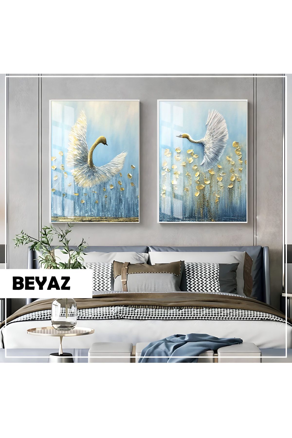 Harikabirev HARİKABİREV|MAVİ-GOLD ABSTRACT KUĞULAR KOMBİNİ|ÇERÇEVELİ CAM TABLO 2Lİ DİKEY