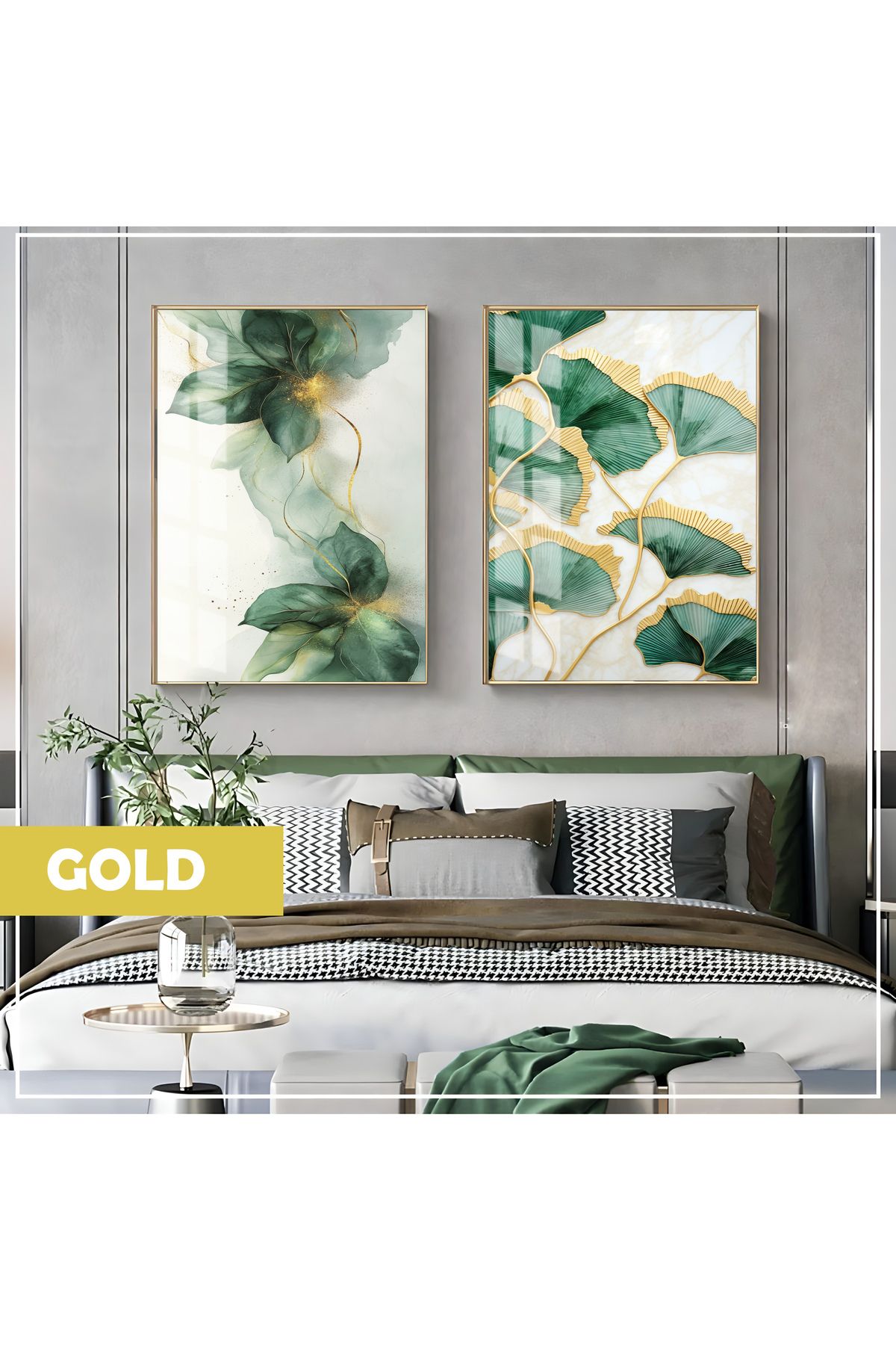 Harikabirev HARİKABİREV|GOLD YEŞİL YAPRAK ÇİÇEK KOMBİN (GINGKGO) |ÇERÇEVELİ CAM TABLO 2Lİ DİKEY