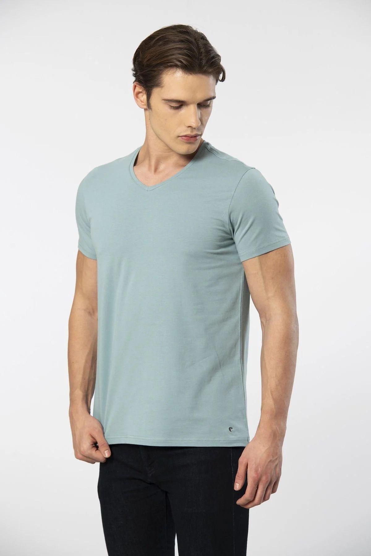 Cacharel Kısa Kollu, Erkek T-shirt, V Yaka Pamuklu & Likralı