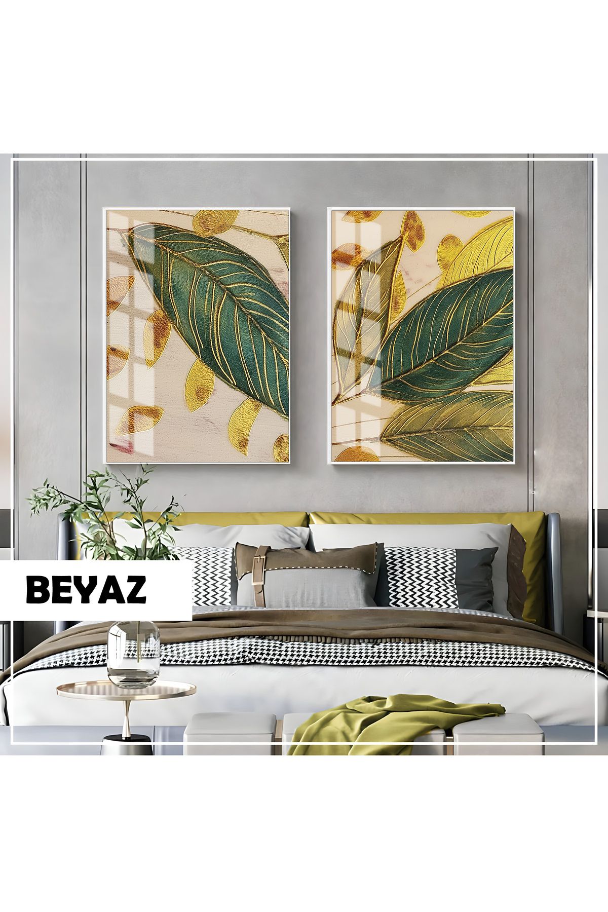 Harikabirev HARİKABİREV| GOLD-YEŞİL YAPRAK KOMBİNİ (ARTISTIC DESING) |ÇERÇEVELİ CAM TABLO 2Lİ DİKEY